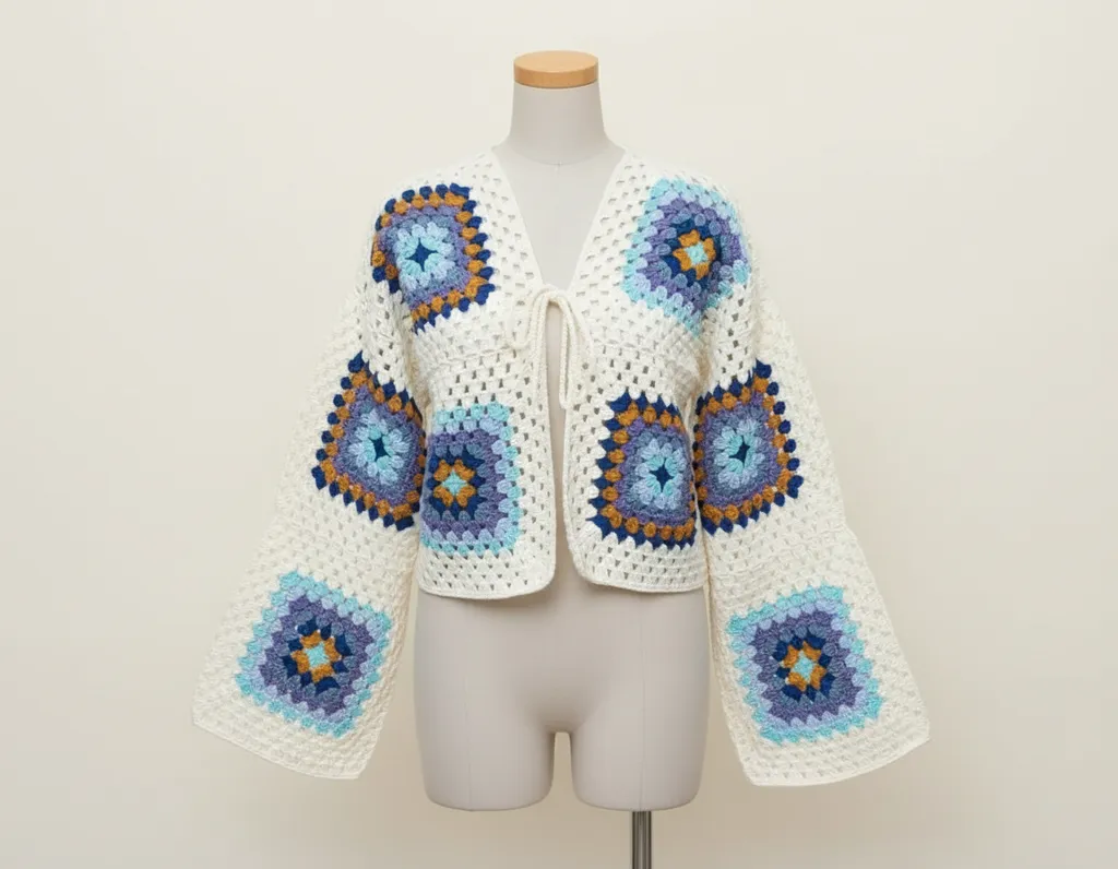 Örgü Kare Desenli Beyaz Hırka - Bağcıklı, El Örgüsü