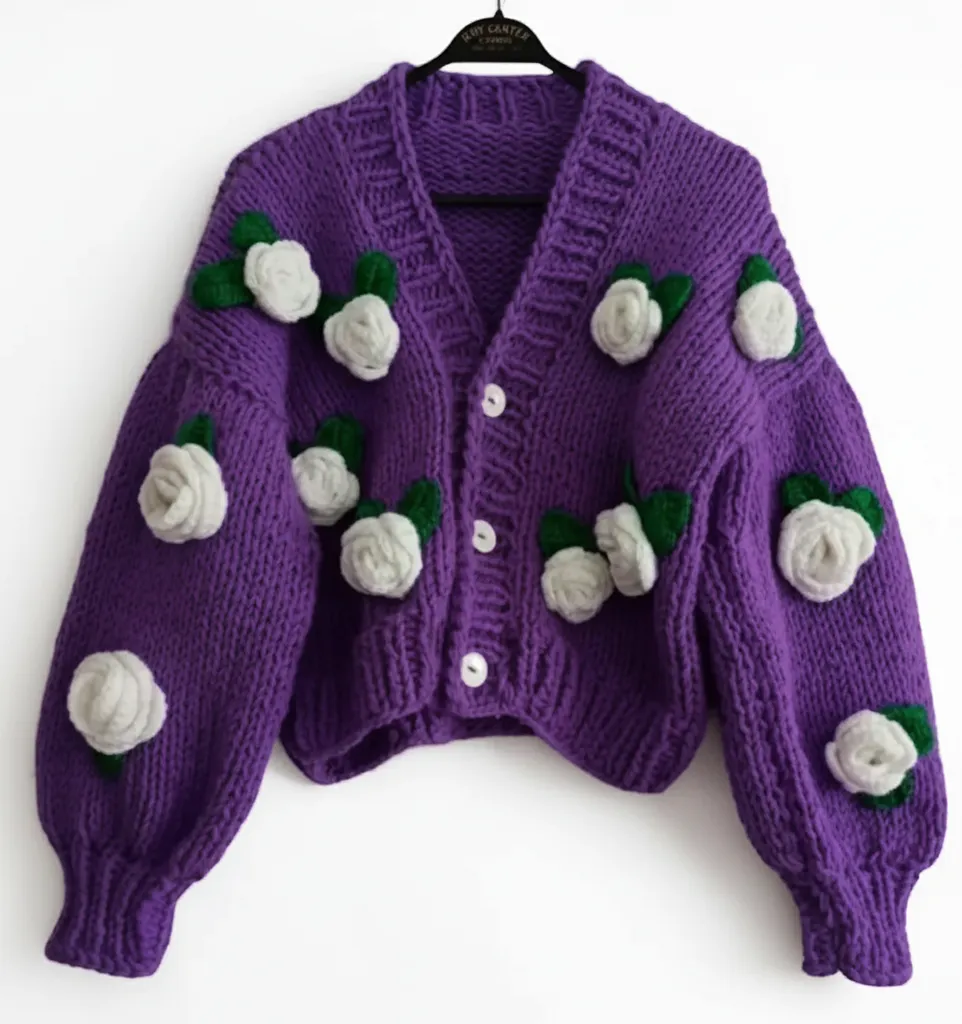 Mor Örgü Hırka - Papatya Desenli, Yumuşak Dokulu, El Örgüsü