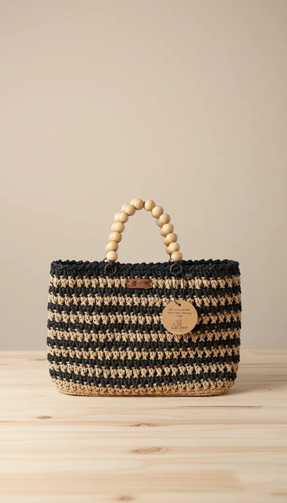 Siyah ve Bej Çizgili Hasır Kol Çantası Ahşap Saplı - El Emeği
