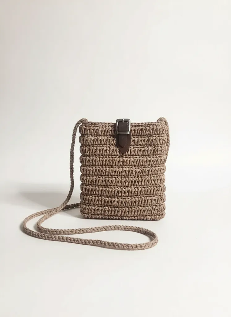 Kahverengi Su Yolu Desenli Kâğıt İpten Çapraz Omuz Çantası