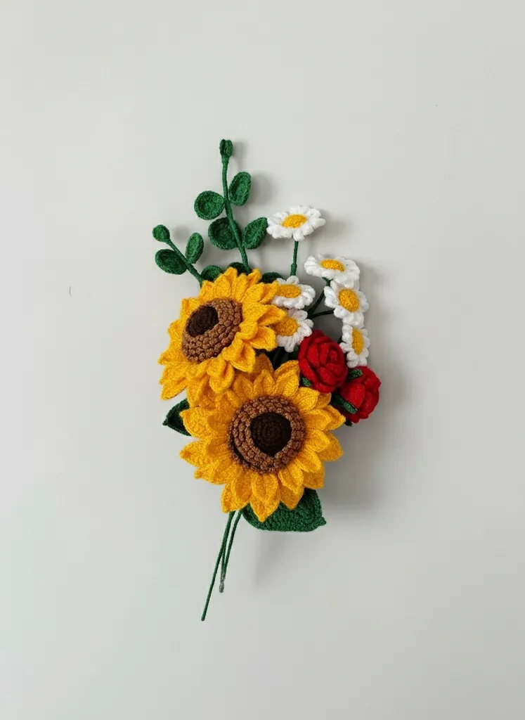Sarı Ayçiçeği, Papatya ve Gül Motifli Örgü Çiçek Buketi