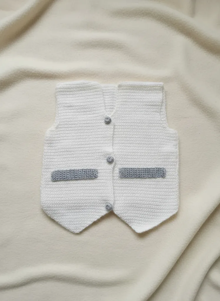 El Örgüsü Erkek Bebek Krem Yelek – Modern Kesim Cep-Gri Detaylı Özel Model 