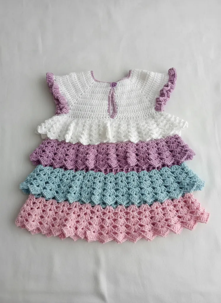 Kat Kat Fırfırlı Örgü El Örgüsü Pastel Katlı Kız Bebek Elbisesi – Özel Tasarım