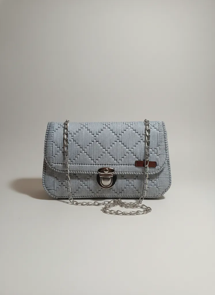 Gri Makrome Kanvas Çanta - Zincir Askılı, Astarlı, El Yapımı