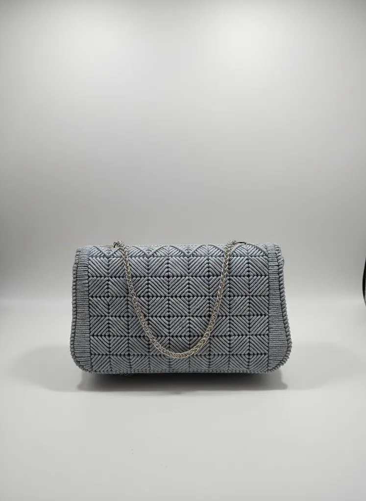 Gri Makrome Örgü Zincir Askılı Astarli Omuz Çantası - El Emeği