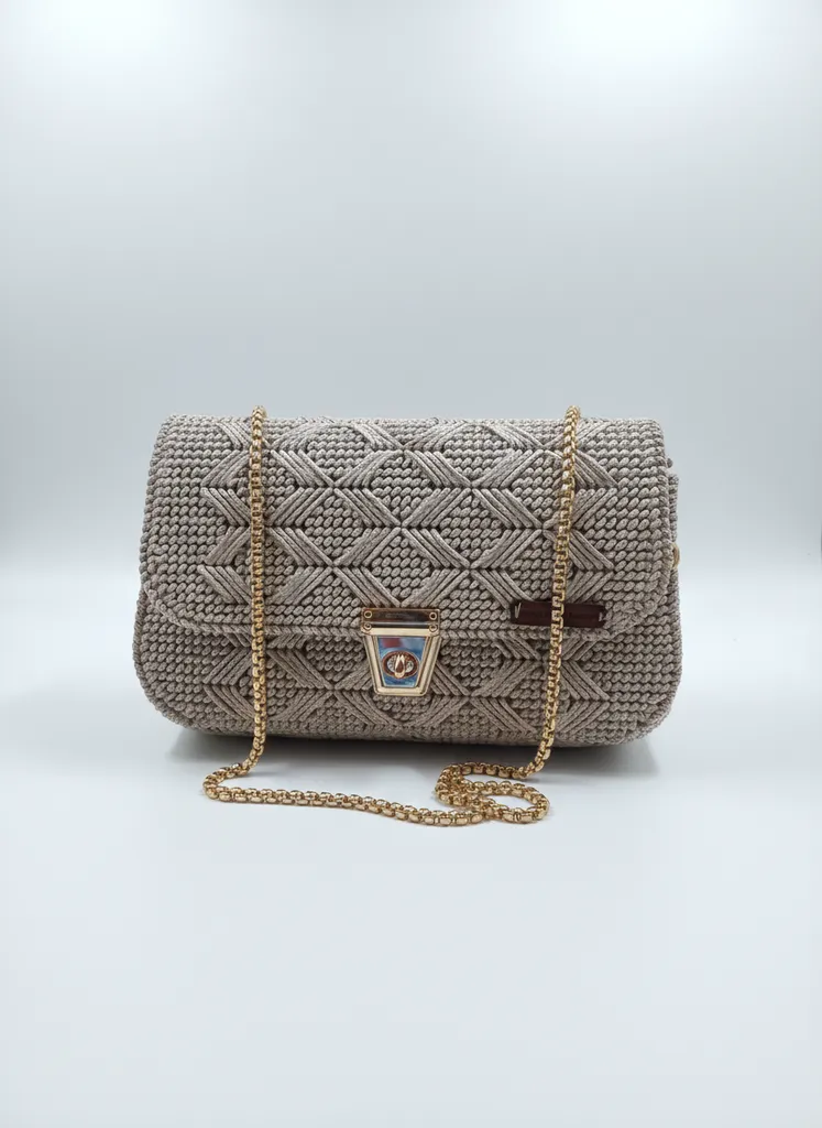Gri Renkli Kanvas Örgü Omuz Çantası - Altın Renk Zincir Detaylı