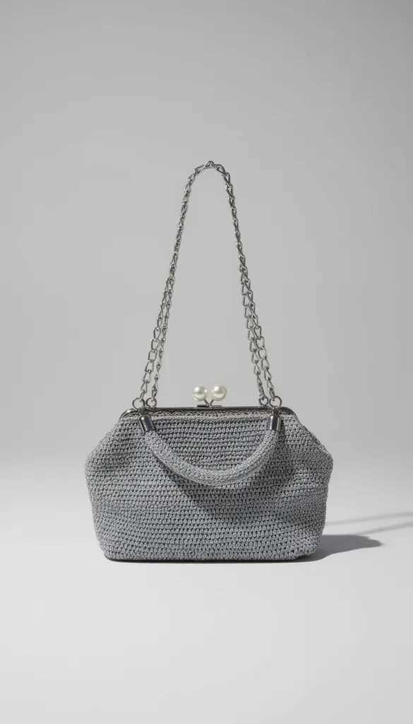 Gri Simli Örgü Abiye Çanta - Zincir Askılı, İnci Detaylı
