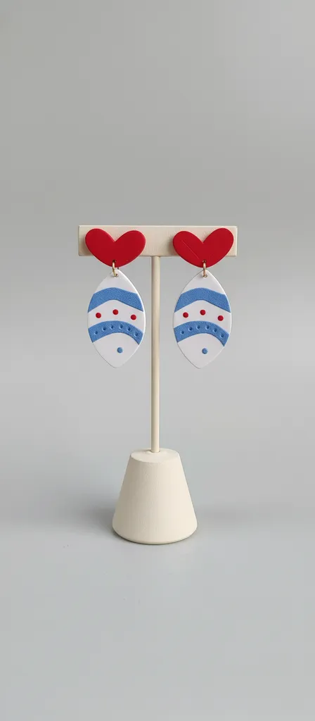 Kırmızı Kalp Detaylı Mavi Çizgili Küpe - "Gizem" Koleksiyonu