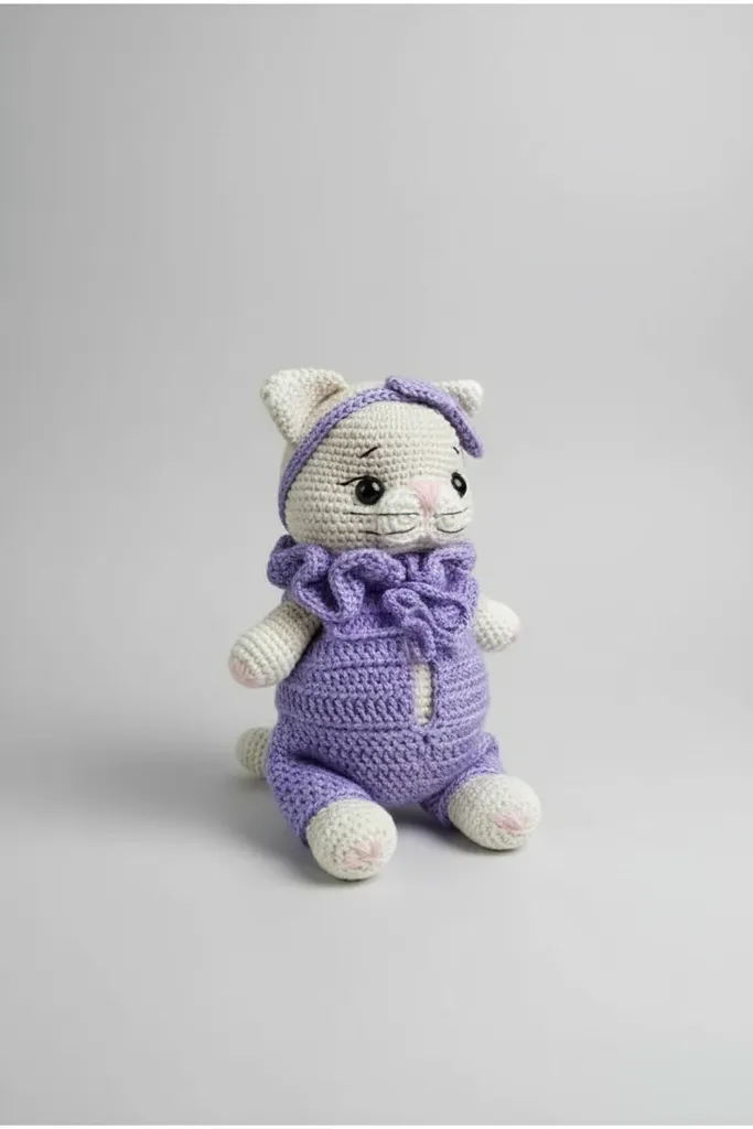 Lila Krem Amigurumi Kedi Oyuncak - 25cm El Yapımı Tığ İşi Bebek