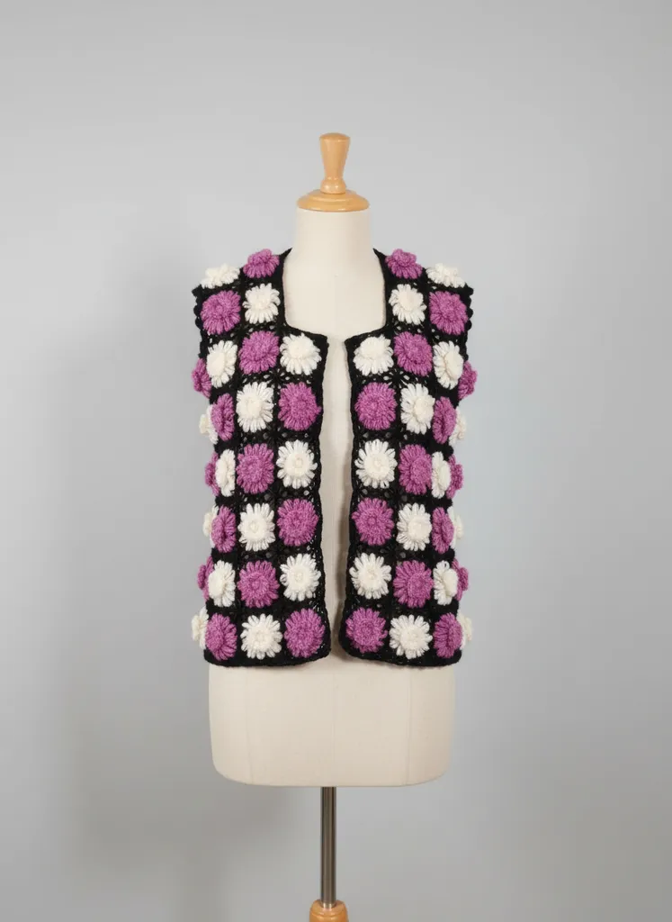 Siyah Motifli Örgü Yelek - Pembe ve Beyaz Çiçek Detaylı - El Emeği