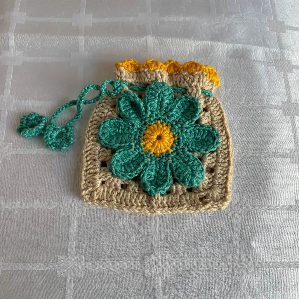 Çiçek Motifli Örgü Kese - El Emeği Çok Amaçlı Hediye Kesesi