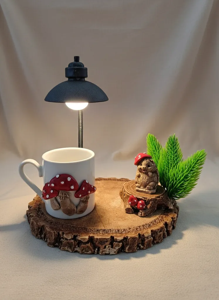 Mantar ve Kirpi Figürlü Ahşap Sunumlu Porselen Kahve Fincanı Seti