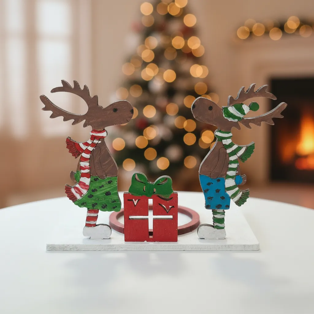 Yılbaşı Temalı Ahşap Geyik Figürlü Mumluk - Dekoratif El Yapımı