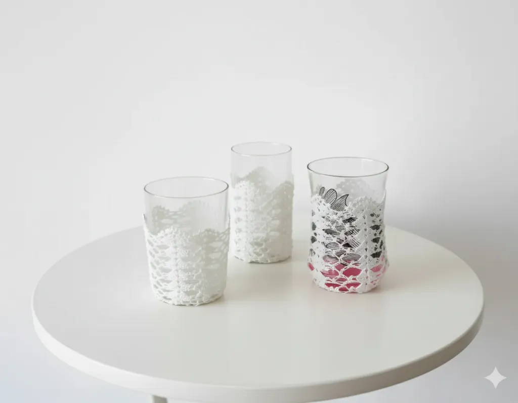 Bardak Danteli - Beyaz Renkli El Örmesi Dekoratif Bardak Kılıfı (3 Adet)