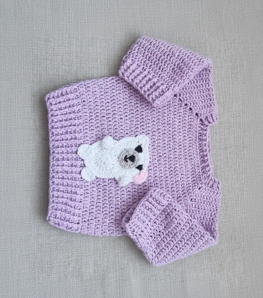 Lila Kız Bebek Kazağı - Ayıcık Desenli, Bambu Karışımlı, El Örmesi