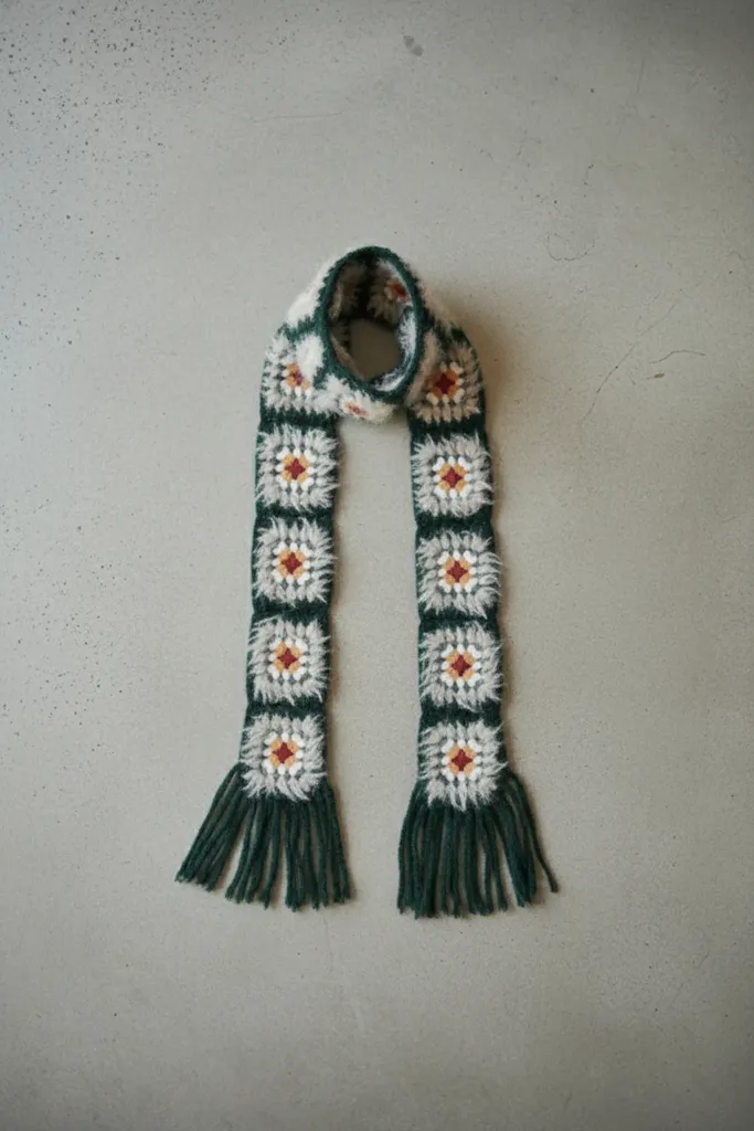 Yeşil ve Krem Renkli Kare Motifli Tasarım Örgüsü Atkı - El Emeği