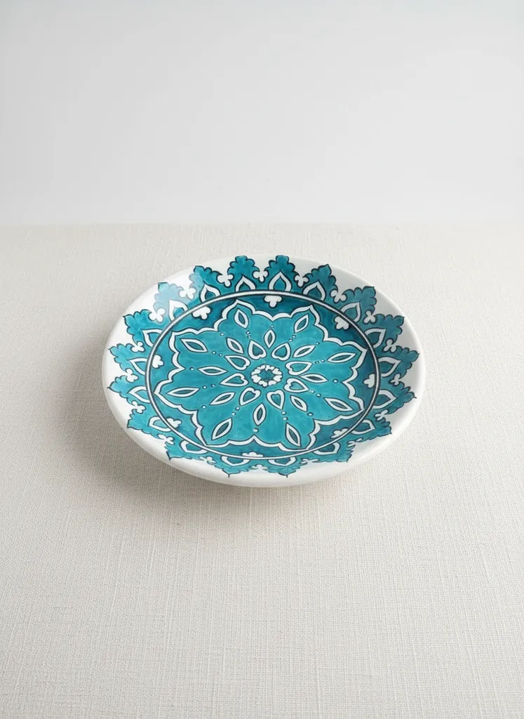 Turkuaz Mandala Desenli Seramik Pasta ve Tatlı Sunum Tabağı
