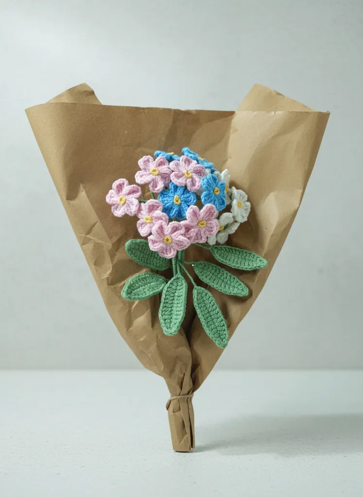 Renkli Örgü Çiçek Buketi - Unutma Beni Çiçekleri - El Örgüsü
