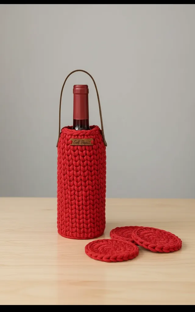 Kırmızı Örgü Şişe Taşıma Çantası ve Bardak Altlığı Seti - El Emeği