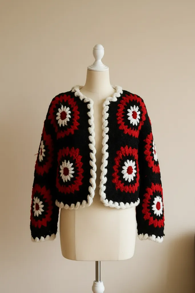 Kırmızı Desenli Örgü Hırka - Mevsimlik Çeket, 42 Beden