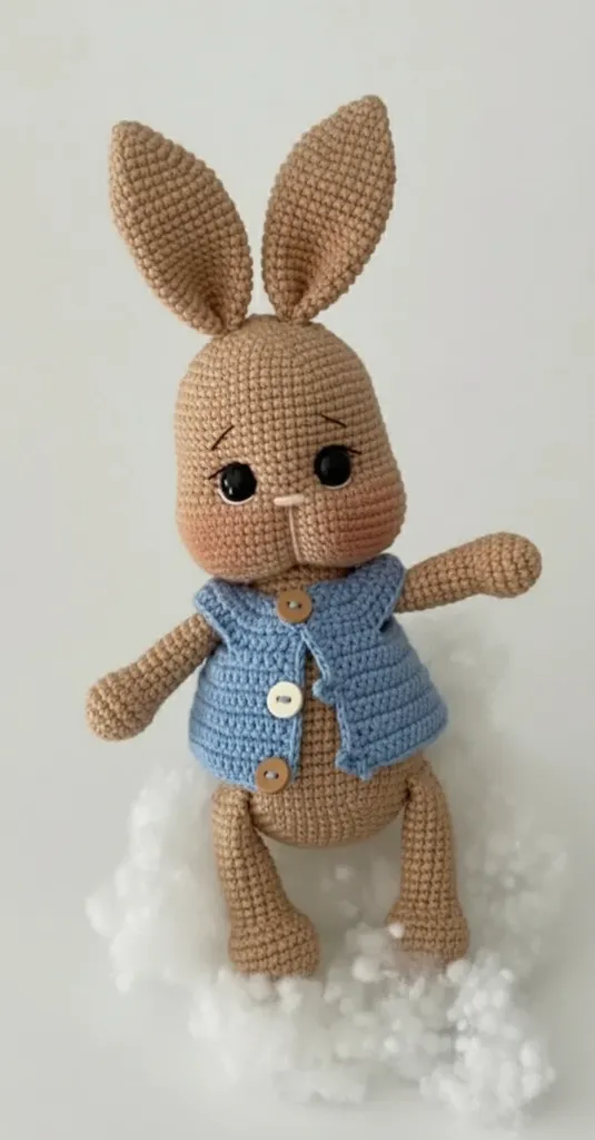 Örgü Tavşan Oyuncak - Tombul Yanaklı, Mavi Yelekli, 23 cm