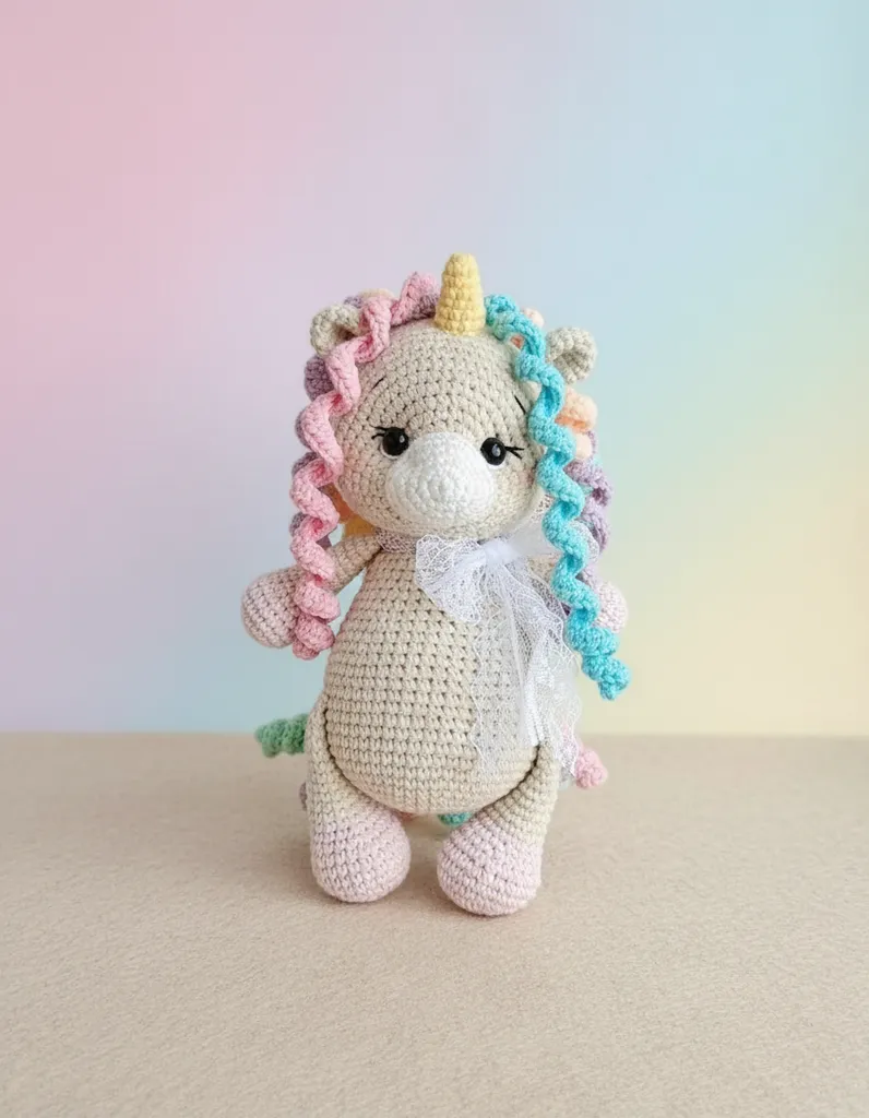 23 cm Krem Renkli Örgü Ünicorn Amigurumi Oyuncak - El Emeği