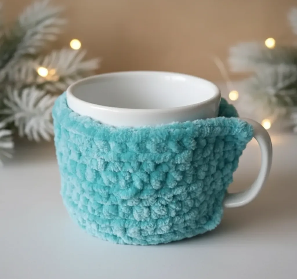 Turkuaz Peluş Bardak Kılıfı - Yılbaşı Hediyesi ve Sıcak Tutucu