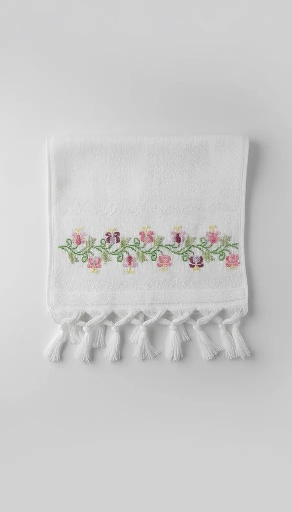 Beyaz Pamuklu Kanaviçe İşlemeli Çiçek Desenli Havlu - El Emeği