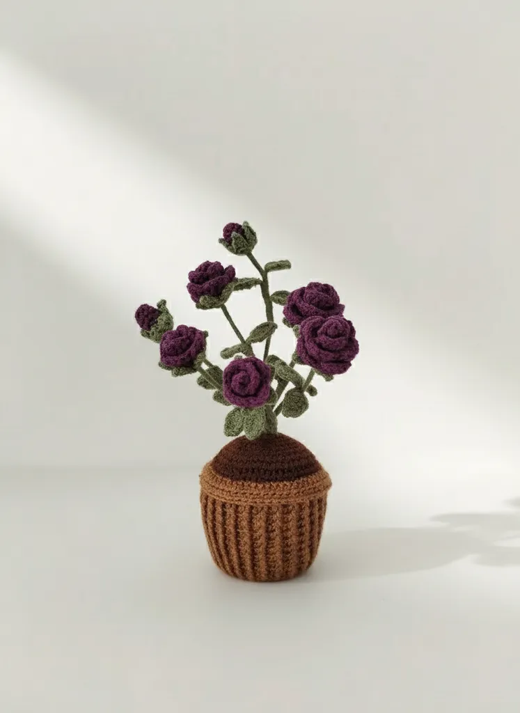 Örme Saksıda Solmayan Mor Gül Buketi - Pamuk İpliği El Emeği