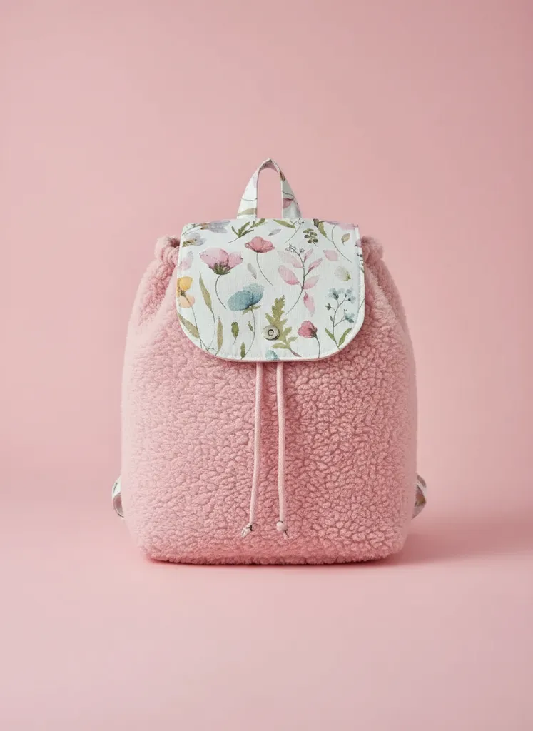Pembe Peluş Çiçek Desenli Çocuk Kreş Sırt Çantası - Ayarlanabilir Askılı