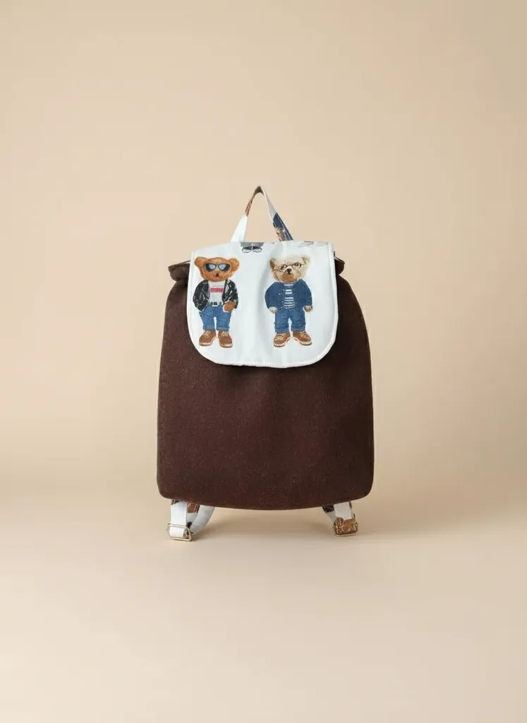 Kahverengi Teddy Desenli Çocuk Kreş Sırt Çantası - Kaşe Kumaş