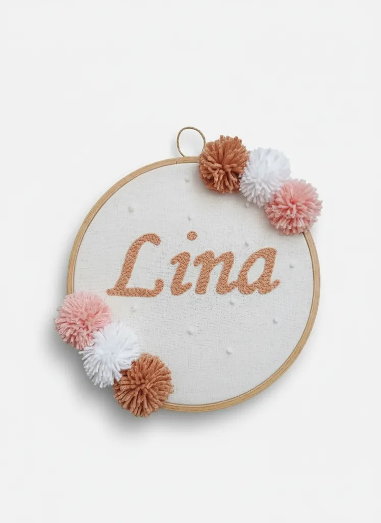 İsim Yazılı Kasnak Duvar Süsü - 20 cm Ponponlu - El Yapımı