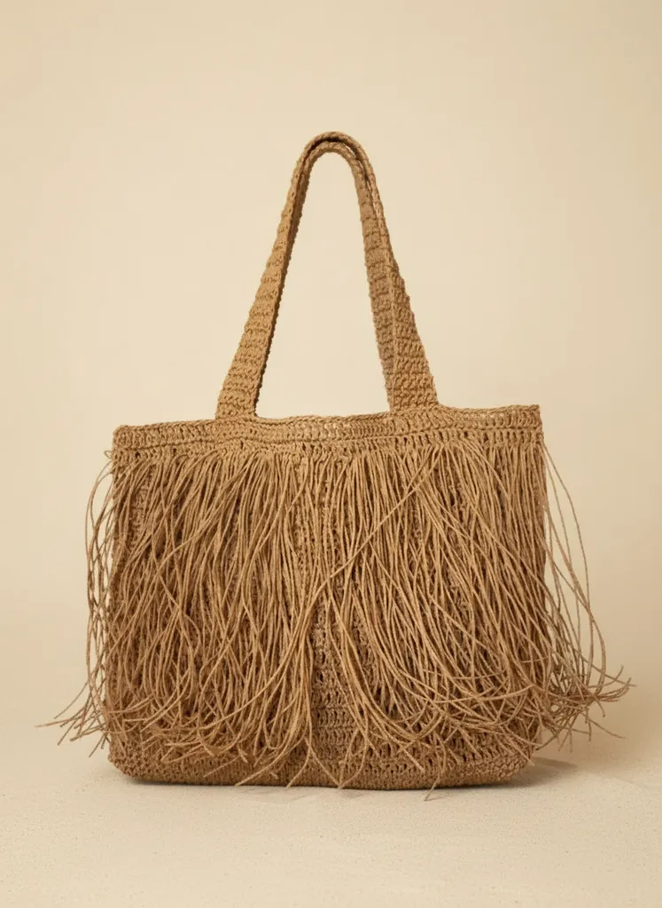 Kahverengi Hasır Plaj Çantası - Püsküllü Eskimo Model