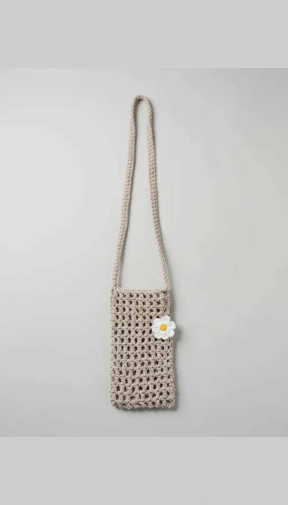 Makrome Örgü Telefon Çantası - Papatya Detaylı, Gri Renkli