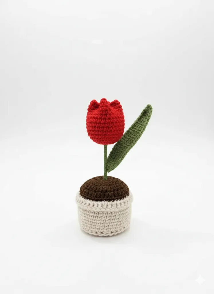 Örgü Kırmızı Lale Çiçek Saksıda Dekoratif El Emeği Hediyelik