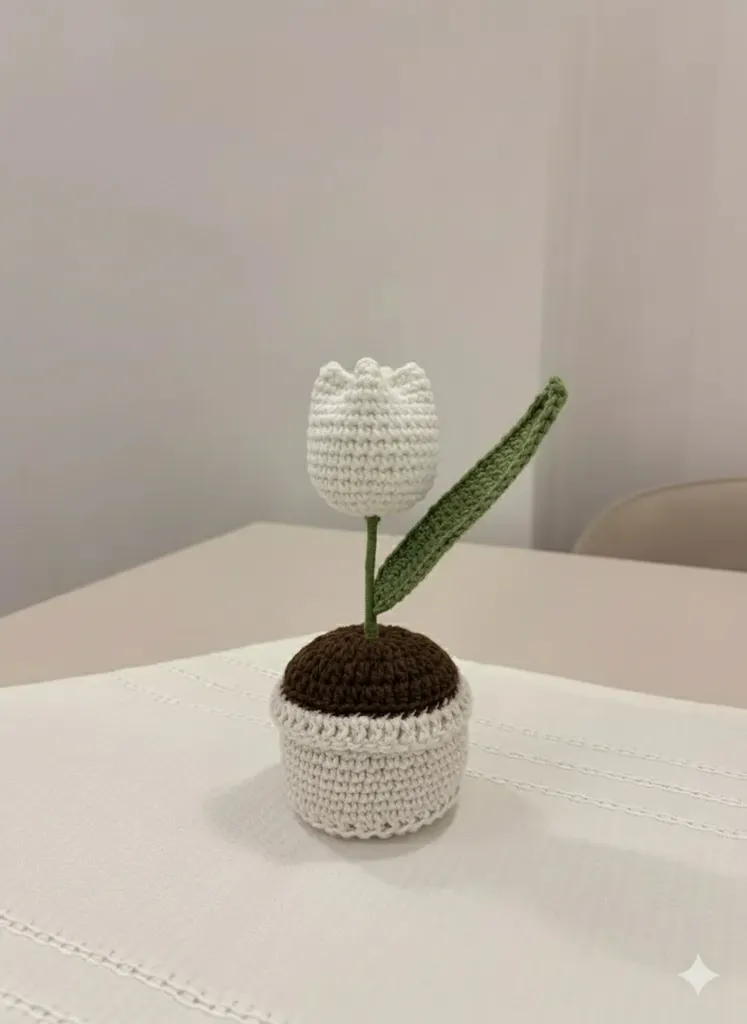 Beyaz Örgü Lale Saksıda Dekoratif Çiçek - El Emeği