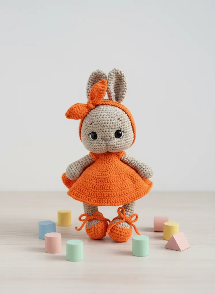 Örgü Oyuncak Tavşan Bebek - Turuncu Elbiseli, El Emeği 25cm