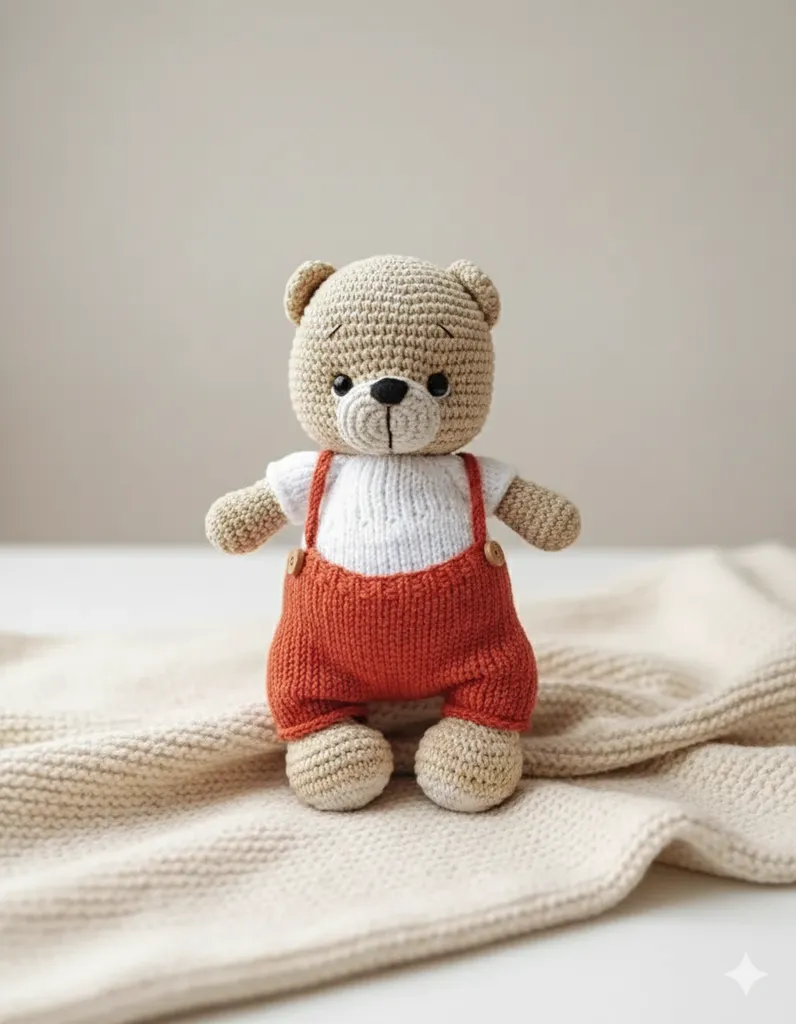 Örme Uyku Arkadaşı Ayıcık - Turuncu Tulumlu, 25 cm - El Emeği