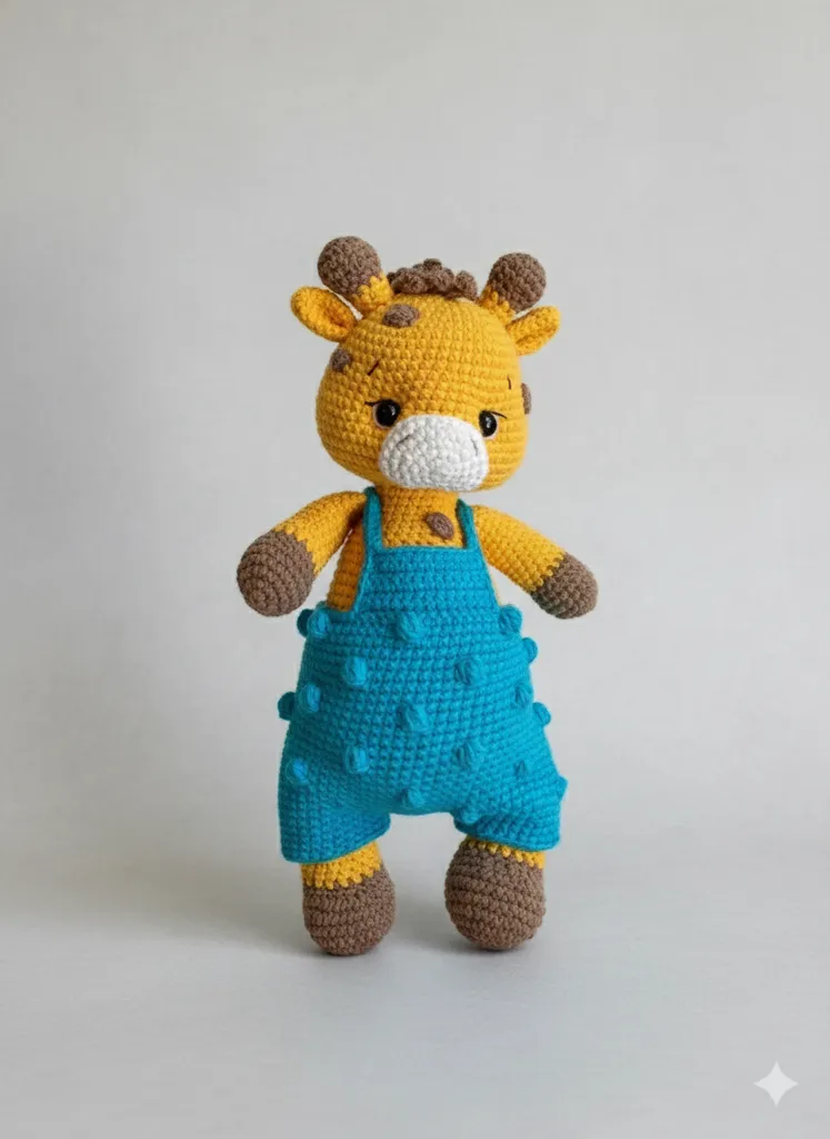 Örgü Zürafa Oyuncak - Mavi Tulumlu, 25 cm Boyunda - El Emeği
