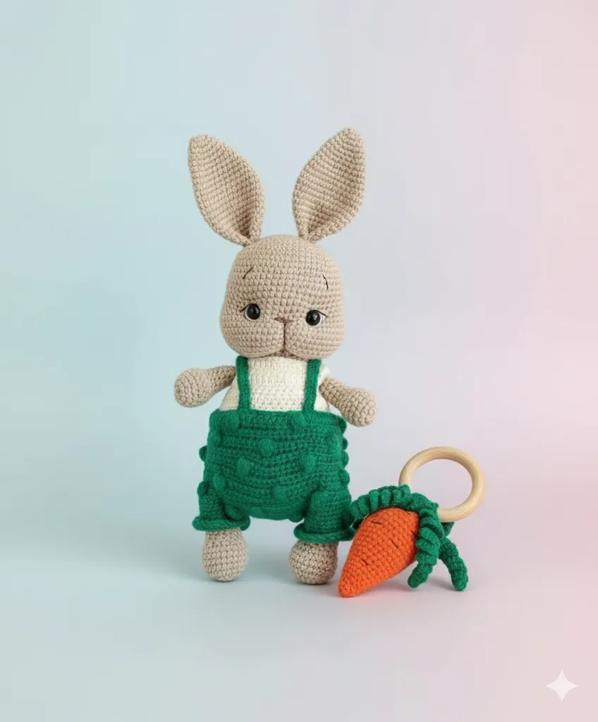 Örgü Tavşan Oyuncak ve Havuçlu Diş Kaşıyıcı Çıngırak Seti - El Emeği