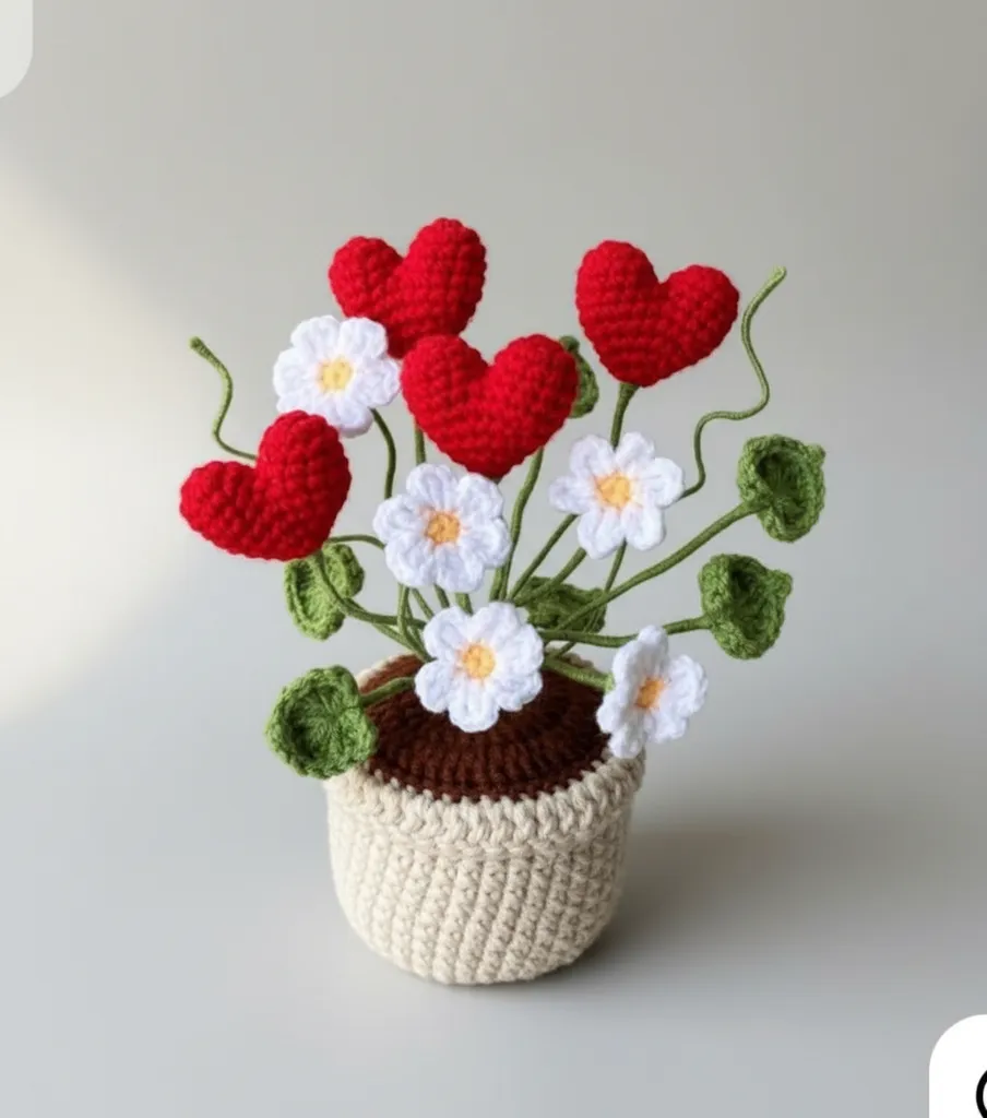 Amigurumi Saksıda Çiçekler - Kalpli ve Papatyalı Örgü Dekoratif