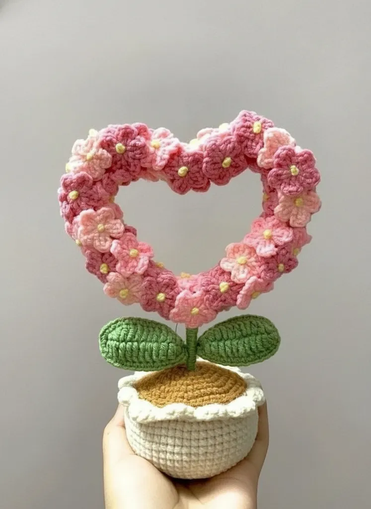 Pembe Çiçekli Kalp Amigurumi Örgü Dekoratif Saksı Bitki - El Emeği