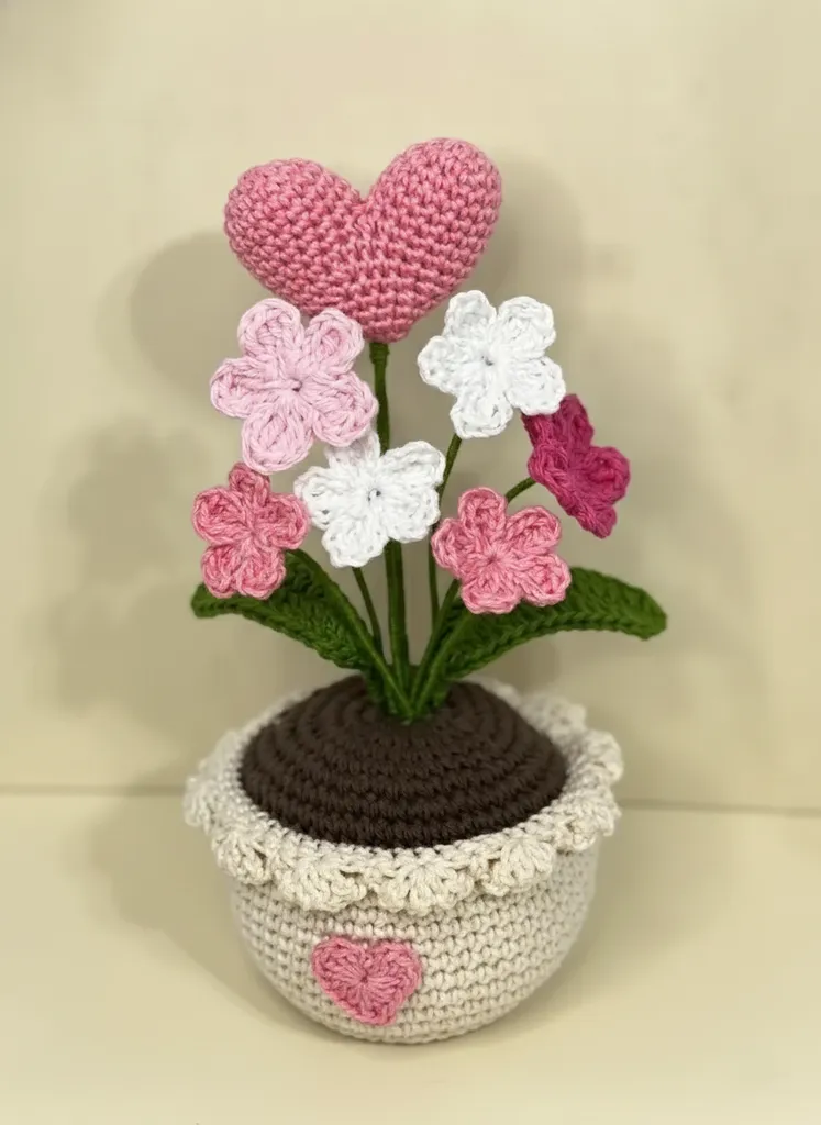 Örgü Saksıda Çiçek - Amigurumi Pembe ve Beyaz Çiçekler - El Emeği