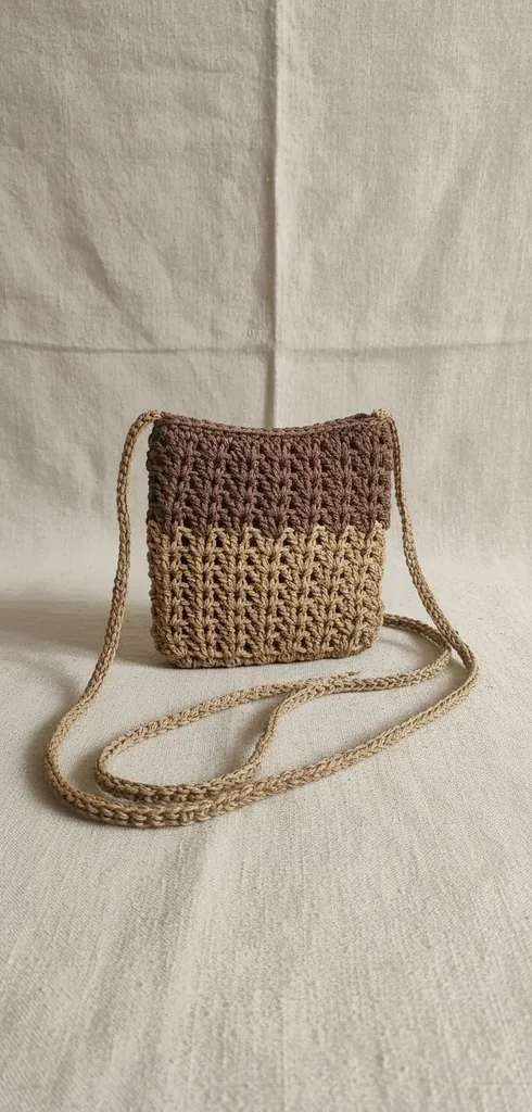 Kahve Tonlarında Örgü Kağıt İp Telefon Çantası - El Emeği