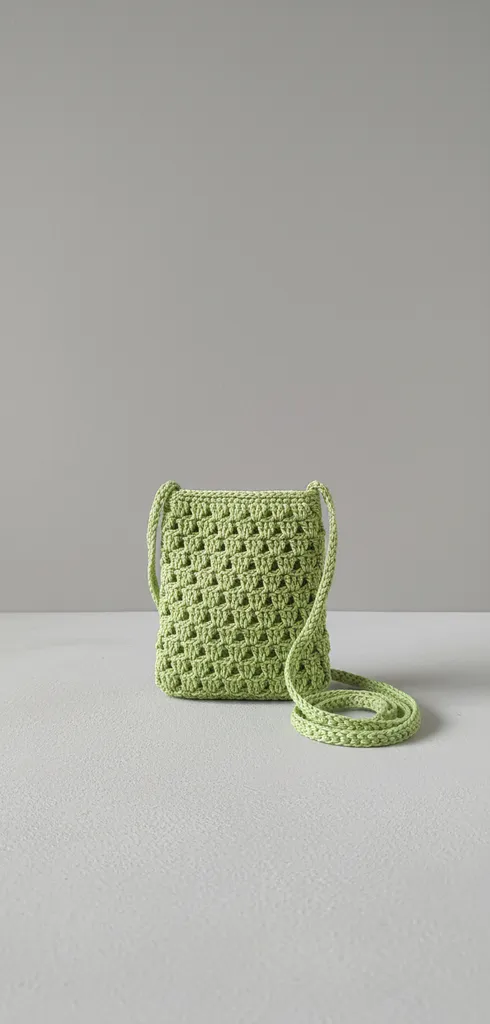 Yeşil Örgü Telefon Çantası - Askılı, Küçük Boy, El Yapımı