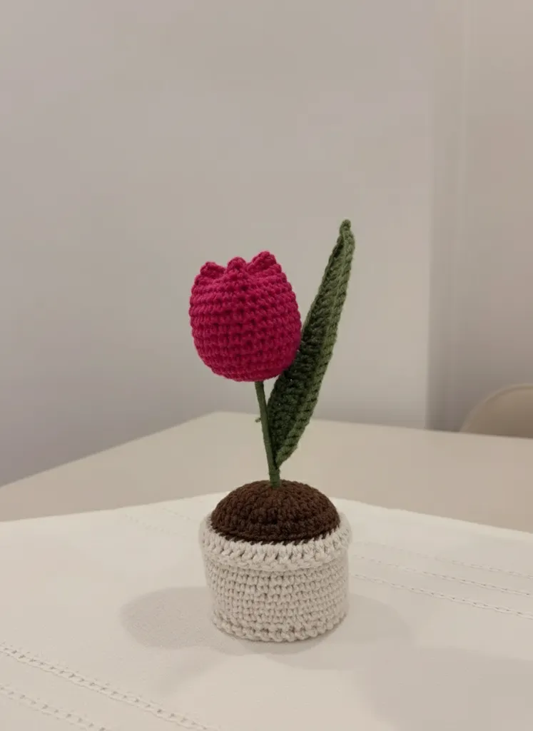 Fuşya Örgü Lale Saksıda Dekoratif Çiçek - El Emeği Amigurumi