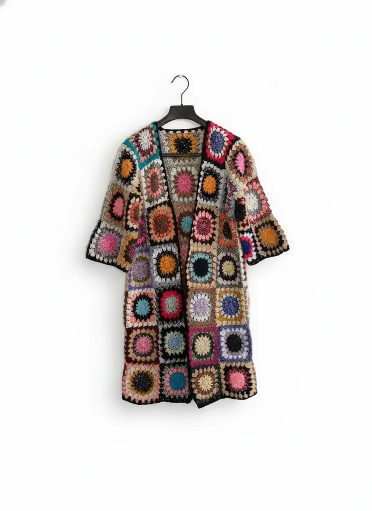 Kare Motifli Tasarım Uzun Hırka - Rengarenk, Moher ve Tasarım İplerle El Örmesi