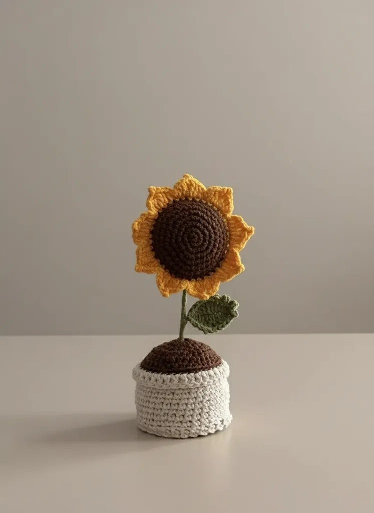 Sarı Örme Ayçiçeği Saksı Bitki - Dekoratif El Emeği Hediye