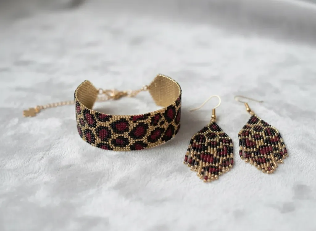 Leopar Desenli Miyuki Boncuk Küpe ve Bileklik Takı Seti - Çelik Aksamlı