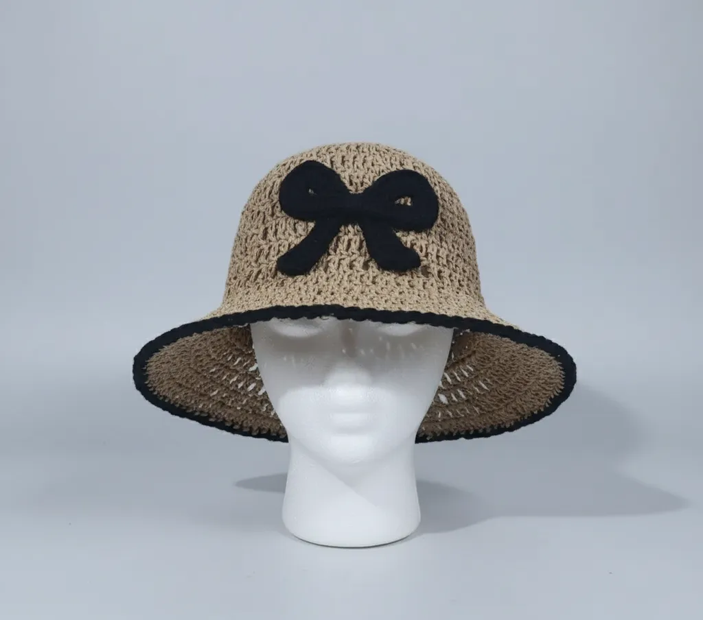 Kağıt İp Hası Görünümlü Siyah Fiyonklu Kadın Şapka - El Emeği